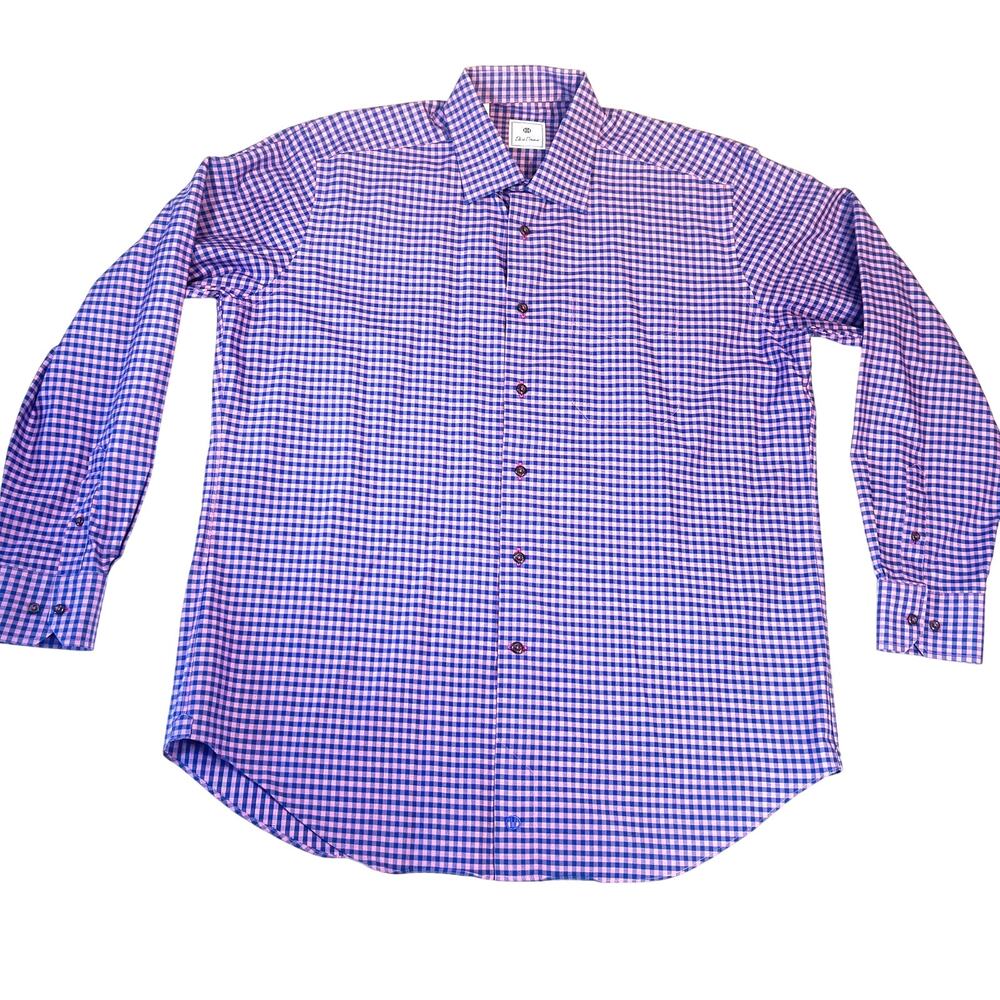 David Donahue Button Shirt Men XL Purple Blue Check Premium Cotton Luxury Career